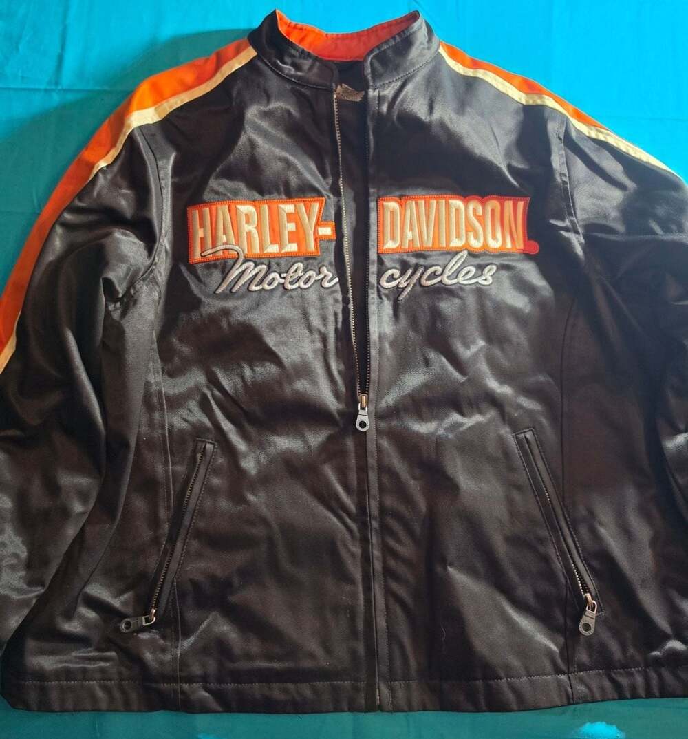 Harley Davidson Women's Black and Orange Nylon Motorcycle Jacket Sz M RN 103819